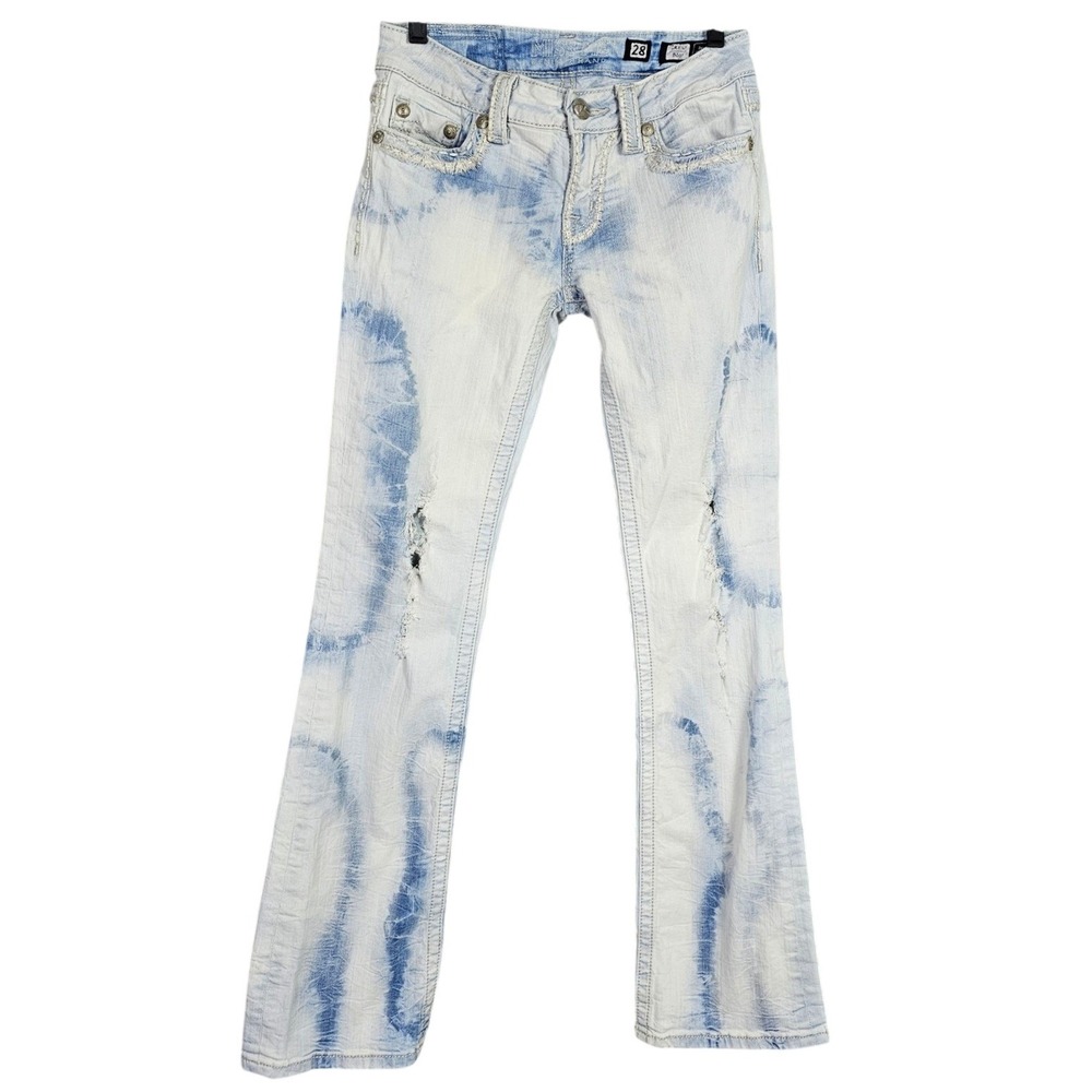 Miss Me Y2K Ireni Boot Tie Dye Distressed Bootcut Jeans Light Wash 28x33 Lo Rise